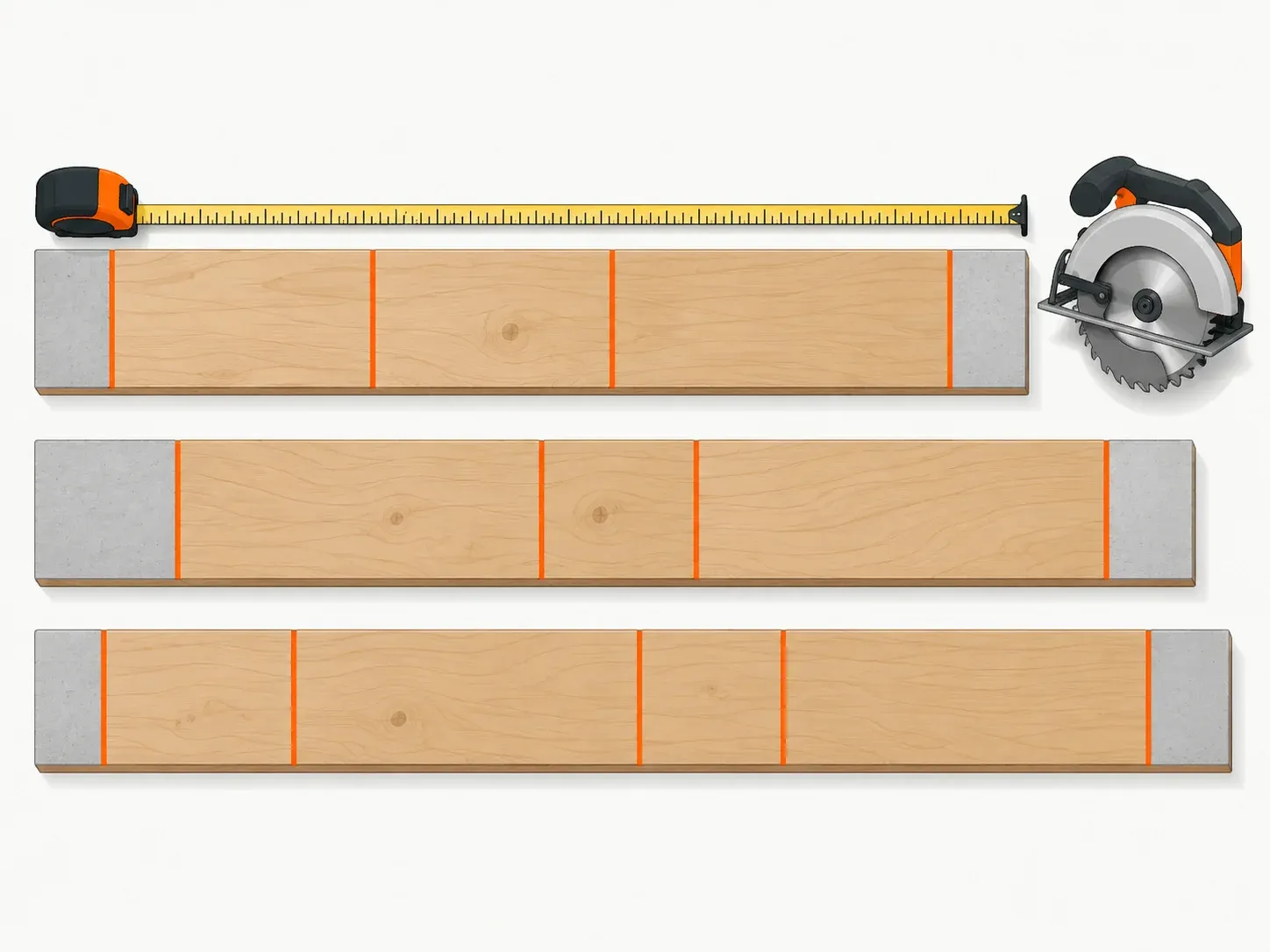 Three boards marked with orange cut lines, offcuts shaded gray, a tape measure and a circular saw