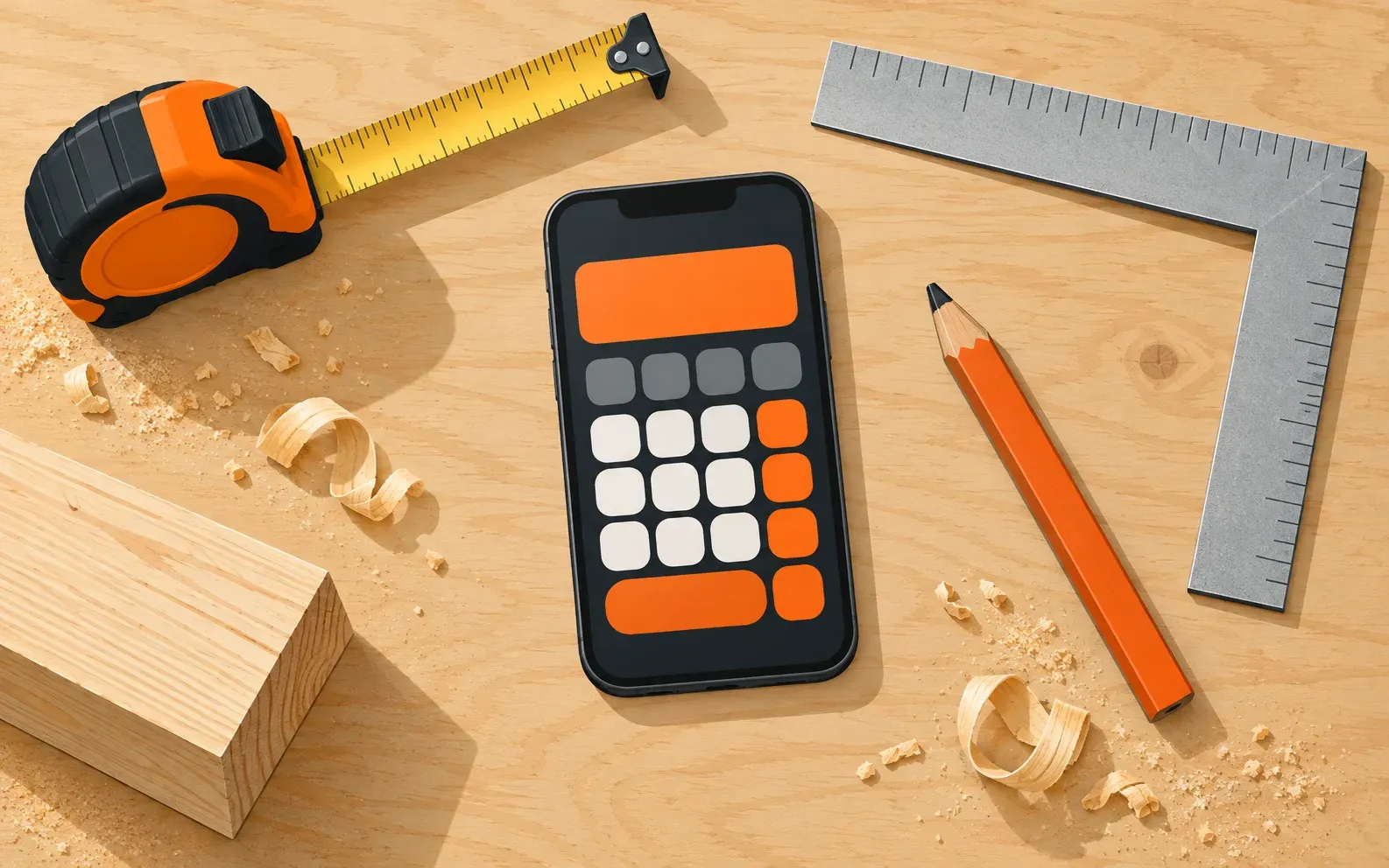 A phone running Kerf on a sheet of plywood, next to a tape measure, a framing square and a pencil