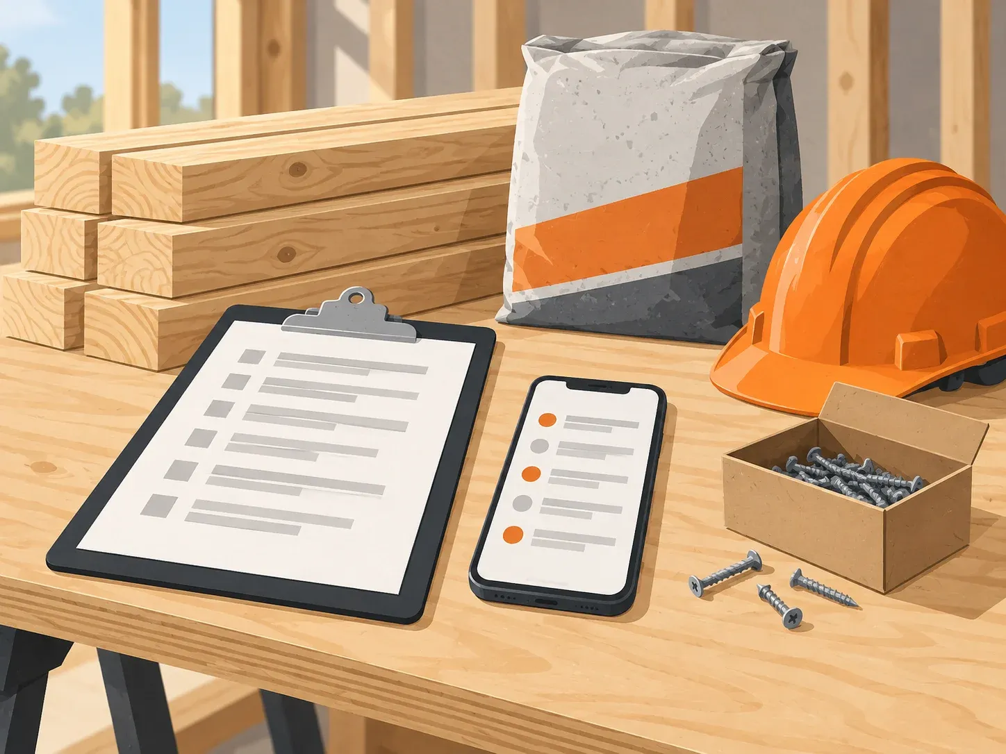A clipboard with a material list next to a phone, lumber, a bag of concrete mix, screws and a hard hat